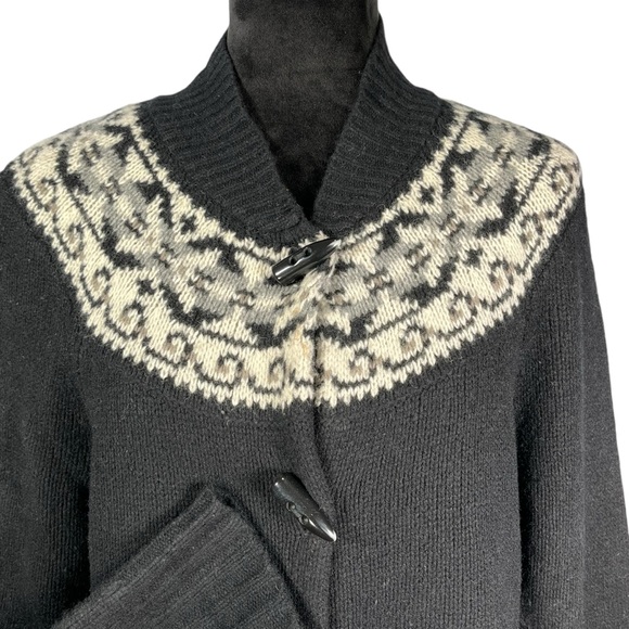 J. Crew Sweaters - J. Crew Black Wool Cardigan Fair Isle Gray Print Yoke Mock Neck Button Front